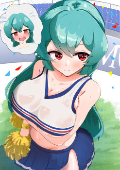  1girl aqua_hair arm_at_side arm_under_breasts averting_eyes bare_shoulders blue_skirt breasts cheerleader closed_mouth collarbone cowboy_shot cropped_shirt day dot_nose embarrassed excited expressionless eyelashes female_focus from_above from_side grass large_breasts long_hair mahou_shoujo_ni_akogarete masochism minakami_sayo miniskirt multiple_views navel outdoors pom_pom_(cheerleading) red_eyes shirt sideways_glance skirt sleeveless sleeveless_shirt straight_hair towa_lone v-neck 