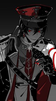  1boy absurdres ayn_alwyn ayn_alwyn_(infinite_empire) belt black_background cape chinese_commentary collared_coat cross cross_earrings earrings epaulettes frilled_sleeves frills glowing glowing_eyes gradient_background grey_background greyscale hair_between_eyes hand_up hat heroine_(lovebrush_chronicles) highres holding_hands jewelry leaning_forward long_sleeves looking_at_viewer lovebrush_chronicles male_focus military_hat military_uniform molin monochrome necktie peaked_cap pov pov_hands red_cape red_eyes red_hat red_necktie shirt short_hair shoulder_belt sideways_glance single_earring sleeve_cuffs smile smirk solo spot_color upper_body 