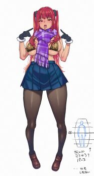  1girl animal_print black_gloves black_pantyhose black_scrunchie blue_skirt blush bra breasts brown_shoes dark-skinned_female dark_skin earrings glitter gloves gyaru jewelry karube_guri large_breasts leopard_print leopard_print_bra lips long_hair multiple_earrings no_shirt open_mouth oral_invitation original pantyhose pointing pointing_at_self print_bra purple_scarf red_eyes red_hair scarf scrunchie shoes skindentation skirt solo tongue tongue_out two_side_up underwear white_background 