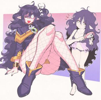  1girl a_priest's_journey_in_a_rpg_world annoyed ass babydoll bags_under_eyes bracelet brushing_hair commentary commission crazy_eyes demon_girl dress english_commentary eyeshadow fang fingernails fishnet_pantyhose fishnets full_body gem gold_bracelet green_eyes green_gem hair_brush hair_ornament half-closed_eyes high_heels highres holding holding_hair_brush inkerton-kun jewelry knees_up kugasari-san lingerie long_hair long_sleeves looking_at_viewer makeup messy_hair multiple_views nail_polish one_eye_closed one_side_up open_mouth panties pantyhose pointy_ears purple_dress purple_hair purple_nails purple_shoes second-party_source shoes short_dress sitting skull_brooch skull_hair_ornament smile solo_focus squiggle toenail_polish toenails underwear very_long_hair wide-eyed 