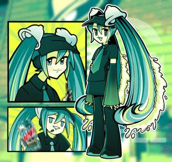  1girl :3 alternate_costume aqua_eyes aqua_hair aqua_nails aqua_necktie bell can censored closed_mouth collared_shirt commentary detached_sleeves eerieelixir employee_uniform english_commentary fast_food_uniform full_body gradient_sleeves hair_bell hair_between_eyes hair_ornament hatsune_miku headphones holding holding_can long_hair looking_at_viewer mosaic_censoring mountain_dew multiple_views nail_polish necktie open_mouth pants poppippoo_(vocaloid) shaking shirt shoes short_sleeves sleeves_past_wrists smile standing taco_bell twintails very_long_hair visor_cap vocaloid 