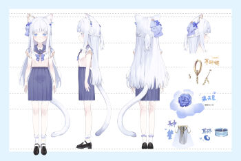  absurdres animal_ears black_shoes blue_eyes blue_ribbon cat_ears cat_girl cat_tail chinese_commentary commentary_request earrings headscarf highres jewelry long_hair original profile ribbon school_uniform shoes skirt socks standing tail uta_(xuyansong1996) white_hair white_socks 
