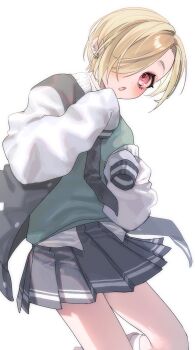 1girl blonde_hair blush child commentary_request ear_piercing hair_over_one_eye highres idolmaster idolmaster_cinderella_girls jacket letterman_jacket looking_at_viewer necktie open_clothes open_jacket open_mouth piercing pleated_skirt red_eyes shine_asahi shirasaka_koume short_hair simple_background skirt sleeves_past_fingers sleeves_past_wrists solo white_background