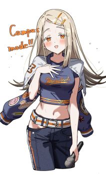  1girl belt belt_buckle black_pants blonde_hair blue_shirt blush breasts buckle campus_mode!!_(idolmaster) clothes_writing clothing_cutout collarbone colored_eyelashes commentary_request cowboy_shot cropped_legs cropped_shirt earrings flipped_hair flying_sweatdrops gakuen_idolmaster gradient_hair hair_ornament hairclip hand_on_own_chest hand_up highres hip_vent holding holding_microphone idolmaster jacket jacket_on_shoulders jewelry letterman_jacket long_hair looking_at_viewer microphone midriff multicolored_hair open_mouth orange_eyes pants rudee62421 shinosawa_hiro shirt small_breasts solo standing stud_earrings sweat swept_bangs white_background white_belt white_jacket 