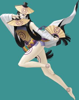  1girl ame_no_uzume_(megami_tensei) barefoot black_hair demon_(megami_tensei) finger_to_mouth hand_fan highres holding holding_fan kazuma_kaneko long_hair nail_polish official_art photoshop_(medium) purple_nails shin_megami_tensei shin_megami_tensei_iii:_nocturne solo third-party_source transparent_background 