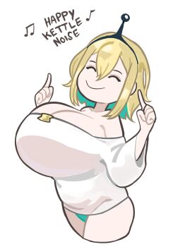  1girl alternate_breast_size amano_pikamee bikini bikini_bottom_only black_hairband blonde_hair breasts cleavage closed_eyes green_hair hairband highres huge_breasts medium_hair multicolored_hair poivremoulu shirt smile two-tone_hair virtual_youtuber voms white_background white_shirt 
