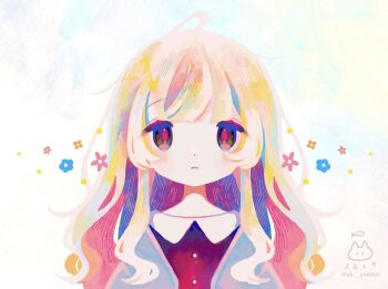  1girl artist_logo blonde_hair blue_hair cardigan collared_shirt flower logo long_hair looking_at_viewer multicolored_eyes multicolored_hair original pink_hair portrait rainbow_hair red_pupils shirt sk_yn0901 solo straight-on symmetry 
