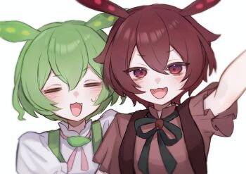  2girls :3 :d animal_ears ankomon arazan_(ara_arazan24) black_ribbon blush closed_eyes dot_nose double-parted_bangs edamame facing_viewer fangs green_hair hair_between_eyes hand_up hashtag-only_commentary looking_at_viewer multiple_girls neck_ribbon open_mouth pink_ribbon red_eyes red_hair red_shirt ribbon shirt short_hair short_sleeves simple_background smile suspenders sweatdrop upper_body voicevox white_background white_shirt zundamon 