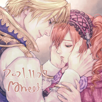  1boy 1girl amy_sorel artist_name blonde_hair blue_eyes brown_background capelet dated drill_hair father_and_daughter green_eyes hands_on_another's_face headdress long_hair looking_at_another looking_down morito_leaf9 parted_lips pink_capelet popped_collar portrait raphael_sorel red_hair short_hair smile soul_calibur soulcalibur soulcalibur_vi twin_drills variant_set 