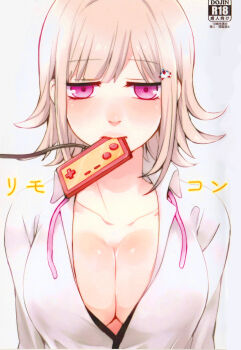 1girl blush breasts cleavage collarbone commentary_request controller danganronpa_(series) danganronpa_2:_goodbye_despair female_focus flipped_hair game_controller hair_ornament large_breasts light_brown_hair looking_at_viewer mouth_hold nanami_chiaki open_clothes open_shirt pink_eyes ribbon shimoneta shirt short_hair simple_background solo translated upper_body white_background white_shirt