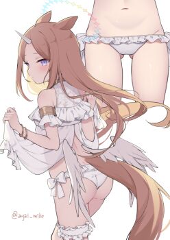  1girl animal_ears ass blue_eyes blush bracelet brown_hair camisole camisole_lift chinese_zodiac clothes_lift feathered_wings forehead frilled_panties frills gluteal_fold halo horns horse_ears horse_girl horse_tail jewelry lifting_own_clothes loli long_hair looking_back low_wings multiple_views original panties single_horn tail thighs underwear unicorn_girl unicorn_horn usagimiko white_camisole white_panties wings year_of_the_horse 