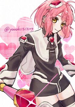  1girl artist_name black_dress closed_mouth commentary_request dress eyelashes glint headgear heart highres holding holding_staff momo_mizrahi pink_hair short_dress short_hair smile solo staff standing twitter_username white_background xenosaga xenosaga_episode_i yellow_eyes yuuuki1513109 