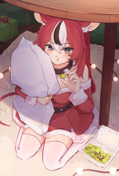  1girl absurdres alternate_costume animal_ear_fluff animal_ears belt black_hair black_streaks blue_eyes blush breasts carpet cheek_bulge christmas_present collar commentary double-parted_bangs dress eating food fruit fur-trimmed_dress fur-trimmed_sleeves fur_trim gift grapes hair_between_eyes hair_down hakos_baelz highres holding holding_grape holding_pillow hololive hololive_english iennie long_hair looking_at_viewer medium_breasts mouse_ears mouse_tail multicolored_hair pillow red_hair santa_costume shadow sitting spiked_collar spikes string_of_light_bulbs table tail thighhighs thighs under_table virtual_youtuber wariza white_hair white_thighhighs zettai_ryouiki 
