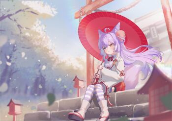  1girl :3 absurdres ahoge blue_eyes blue_shirt blurry blurry_background blush bow bowtie closed_mouth collared_shirt day depth_of_field double_bun eye_contact falling_petals flower full_body furisode_sleeves hair_bun hair_ornament hashtag-only_commentary heterochromia highres holding holding_umbrella hyin kosode lantern long_hair looking_at_another nontraditional_miko oil-paper_umbrella okobo outdoors petals platform_sandals pom_pom_(clothes) pom_pom_hair_ornament purple_eyes red_bow red_bowtie red_skirt sandals shirt shrine sitting sitting_on_stairs skirt solo stairs stellive striped_clothes striped_thighhighs tabi tenko_shibuki thighhighs torii tree umbrella virtual_youtuber wing_collar yellow_eyes 