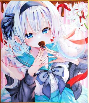  1girl bare_shoulders black_bow black_bowtie black_cardigan black_hairband blue_eyes blue_sailor_collar blue_skirt bow bowtie buttons cardigan cardigan_partially_removed commentary_request covering_own_mouth fingernails flower frilled_shirt frills grey_hair hairband hands_up highres konpaku_youmu konpaku_youmu_(ghost) looking_at_viewer marker_(medium) nail_polish off_shoulder photo_(medium) red_nails sailor_collar shirt shirt_tucked_in short_hair sio_oekaki skirt sleeve_cuffs sleeveless sleeveless_shirt solo steepled_fingers touhou traditional_media upper_body white_flower white_shirt 