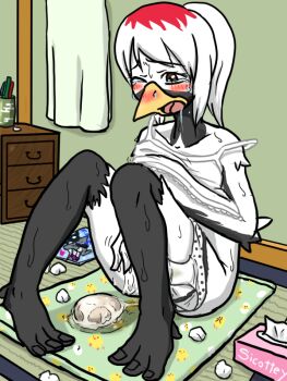  1girl beak bird_girl black_skin blush colored_skin drawer duck_print egg egg_laying egg_print feathers flat_color furry indoors open_mouth original panties panties_around_leg pussy_juice saliva sitting sitting_on_towel solo stained_panties starman_(artist) sweat nervous_sweating tissue toenails towel underwear used_tissue wince 