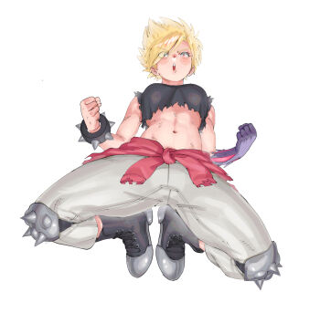  1girl black_boots blonde_hair boots bracelet brawlhalla breasts commentary crop_top elbow_gloves eyes_visible_through_hair full_body gloves hair_over_one_eye highres huggytug jewelry knee_pads medium_breasts navel open_mouth petra_(brawlhalla) purple_eyes red_eyes short_hair single_elbow_glove solo spiked_bracelet spiked_kneepads spikes spread_legs toned toned_female 