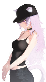  1girl alternate_costume animal_collar animal_ears bare_arms baseball_cap black_camisole black_collar black_pants breasts camisole cat_ears cat_girl cat_tail cleavage closed_mouth cohi27151463 collar commentary_request denim ears_through_headwear from_side hat highres hololive jeans large_breasts light_smile long_hair midriff nekomata_okayu pants purple_eyes purple_hair simple_background solo tail virtual_youtuber white_background 