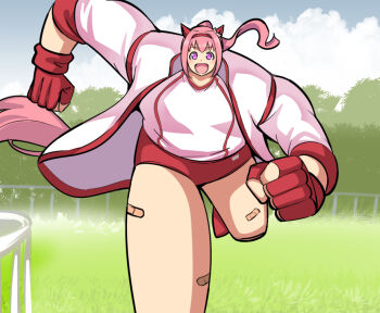  1girl animal_ears bandaid bandaid_on_leg buruma clenched_hands cloud commentary_request fingerless_gloves floating_hair gloves grass hairband haru_urara_(bestest_prize)_(umamusume) haru_urara_(umamusume) horse_ears horse_girl horse_tail jacket long_hair looking_at_viewer meme open_mouth outdoors parody pink_eyes pink_hair ponytail red_buruma red_gloves running running_ganger_(meme) shirt small_head smile solo tail track_jacket tree umamusume white_jacket white_shirt yasui_riosuke 