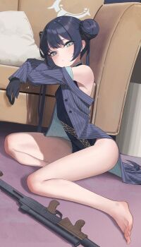 1girl bare_legs barefoot black_dress black_gloves black_hair blue_archive blush breasts closed_mouth couch covered_navel cs/ls06 dragon_print dress dutch_angle eyelashes feet gloves grey_eyes grey_halo gun hair_bun halo highres impossible_clothes impossible_dress jacket kisaki_(blue_archive) legs loli long_hair long_sleeves looking_at_viewer on_ground ootsuka_you open_clothes open_jacket print_dress short_dress sitting sleeveless sleeveless_dress small_breasts solo submachine_gun thighs toes twintails very_long_hair weapon rating:Sensitive score:43 user:danbooru