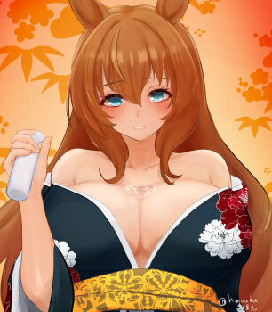  1girl alcohol alternate_costume animal_ears artist_name bare_shoulders black_kimono blush bottle breasts brown_hair bust_cup cleavage commentary floral_print floral_print_kimono hair_between_eyes highres holding holding_bottle honoaka horse_ears horse_girl japanese_clothes kimono large_breasts long_hair long_sleeves looking_at_viewer maruzensky_(umamusume) off_shoulder print_kimono sake sash smile solo tokkuri umamusume upper_body wide_sleeves yellow_sash 