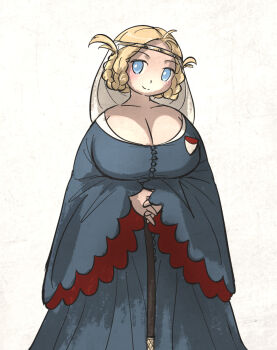  1girl blonde_hair blue_dress blue_eyes braid breasts cleavage closed_mouth collarbone commentary dress english_commentary feet_out_of_frame highres huge_breasts ironlily long_sleeves looking_at_viewer original own_hands_together short_hair simple_background smile solo titania_(ironlily) white_background 