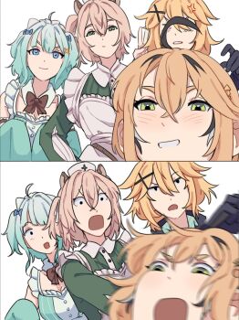  addendium ahoge animal_ears apron blonde_hair blue_eyes brown_hair dokibird dokibird_(bounty_hunter) dooby dress frills gloves gradient_hair green_dress green_eyes green_hair hair_between_eyes hair_ornament hat highres indie_virtual_youtuber looking_at_viewer maid_headdress medium_hair mint_fantome multicolored_hair nimi_nightmare nurse_cap pointy_ears short_hair tapir_ears tapir_girl two_side_up virtual_youtuber white_apron white_background white_hair x_hair_ornament 