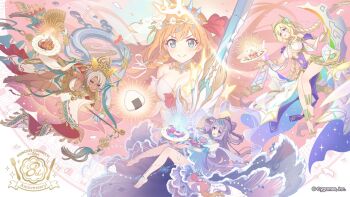  4girls anniversary bare_shoulders barefoot blonde_hair blue_eyes breasts brown_hair cleavage commentary_request company_name copyright_name copyright_notice cygames dark_skin floating_hair folding_fan food full_body hand_fan heart holding holding_sword holding_weapon kiseru light_smile long_hair looking_at_viewer lyrael_(perfect)_(princess_connect!) lyrael_(princess_connect!) multiple_girls nefi=nera official_alternate_costume official_art onigiri pecorine_(princess_connect!) princess_connect! purple_hair smoking_pipe sword tiara violet_(isanami)_(princess_connect!) violet_(princess_connect!) weapon 