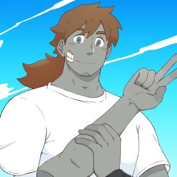  1boy all_saints_street brown_hair closed_mouth colored_skin commentary_request facial_hair goatee_stubble highres holding long_hair looking_at_viewer luis_bite male_focus saruhiko_(mtmnkmn) shirt sky smile solo stubble v white_shirt zombie 