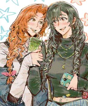  2girls aerith_gainsborough alternate_costume black_hair black_shirt blue_jacket blush braid breasts brown_hair contemporary couple crescent crescent_moon crescent_necklace cup disposable_cup drinking_straw earrings final_fantasy final_fantasy_vii green_eyes hair_between_eyes hair_over_shoulder hair_ribbon holding holding_cup holding_hands holding_phone jacket jacket_partially_removed jeremr jewelry long_sleeves looking_at_another medium_breasts midriff_peek moon multiple_girls navel necklace open_mouth parted_lips phone pink_ribbon red_eyes ribbon shirt sidelocks smile star_(symbol) star_tattoo stomach_tattoo tattoo tifa_lockhart turtleneck twin_braids twitter_username upper_body white_shirt yuri  rating:Sensitive score:5 user:danbooru