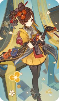  1girl bad_source black_gloves black_pantyhose black_sandals blonde_hair brown_hair chiori_(genshin_impact) closed_mouth colored_inner_hair falling_petals genshin_impact gloves hair_ornament hairpin hand_up holding holding_sword holding_weapon japanese_clothes kimono looking_at_viewer medium_hair multicolored_hair obi official_art pantyhose petals red_eyes sandals sash short_sleeves skirt solo standing sword weapon yellow_skirt 