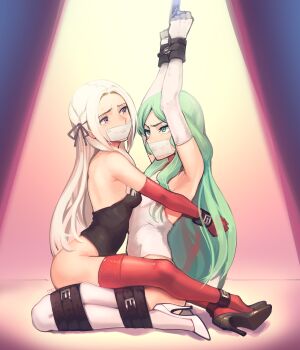  2girls absurdres arms_up bdsm bondage bound bound_ankles bound_wrists breast_press cad_(caddo) edelgard_von_hresvelg female_focus fire_emblem fire_emblem:_three_houses forced_yuri frogtie gag gagged highres improvised_gag intelligent_systems kaddo large_variant_set multiple_girls nintendo rhea_(fire_emblem) sitting tagme tape tape_gag variant_set yuri 