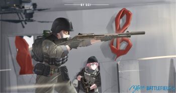  2girls absurdres aiming alternate_costume ammunition_pouch artist_name assault_rifle backpack bag bang_dream! bang_dream!_it's_mygo!!!!! battlefield_(series) battlefield_6 beanie belt belt_pouch black_gloves black_hair black_hat black_helmet black_jacket black_pants blue_eyes blurry blurry_background brown_belt brown_gloves brown_hair brown_jacket brown_pants bulletproof_vest character_request check_weapon combat_helmet commentary copyright_logo cowboy_shot day depth_of_field drone english_commentary explosive first_aid_kit from_side gloves goggles grenade grenade_pin gun hat helmet highres holding holding_gun holding_weapon indoors jacket knee_pads load_bearing_vest logo long_hair m4_carbine magazine_(weapon) medium_hair multiple_girls nato_logo optical_sight orange-tinted_eyewear pants pouch projectile_trail rifle sci_(31134306) sculpture sleeves_rolled_up squatting suppressor tactical_clothes tinted_eyewear togawa_sakiko weapon weapon_request yahata_umiri 