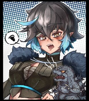 1girl angry artist_name bandaged_breasts bandaged_chest bandages blue_hair cape chibi choker claws colored_sclera cosplay dinosaur dinosaur_girl dinosaur_tail dual_persona facial_scar fang fur-trimmed_cape fur-trimmed_mantle fur_trim genderswap genderswap_(mtf) godzilla godzilla_(cosplay) godzilla_(series) godzilla_minus_one grey_hair highres japanese_clothes kaiju long_hair mahari_lab mantle military_uniform monster monster_girl multicolored_hair open_clothes open_mouth open_shirt orange_sclera personification pointy_ears roaring scar scar_on_cheek scar_on_face sharp_teeth simple_background slit_pupils sound_wave speech_bubble spikes streaked_hair tail teeth toho_(movie_company) tongue two-tone_hair unbuttoned unbuttoned_shirt