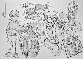  1girl 4boys absurdres alternate_costume antenna_hair arms_behind_back basil_(faraway)_(omori) basil_(omori) blush braid bug chinese_commentary closed_mouth collared_shirt commentary_request double-parted_bangs dual_persona flower genderswap genderswap_(mtf) greyscale hair_between_eyes hair_flower hair_ornament hands_in_pockets highres holding holding_key hood hood_down hoodie key long_hair long_sleeves looking_at_another low_twin_braids male_focus monochrome multiple_boys omori omori_(omori) open_mouth rabbit shirt shoes short_hair short_sleeves shorts sidelocks smile sneakers socks something_(omori) speech_bubble spider spoken_expression stranger_(omori) sunflower sunny_(omori) sweat sweater_vest teeth thatbirdcanfly traditional_media twin_braids upper_teeth_only 