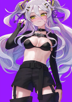  1girl @_@ alternate_costume belt black_boots black_bra black_collar black_shorts black_sleeves blush boots bra breasts collar commentary detached_sleeves english_commentary garter_straps gradient_hair grey_hair hair_ornament hair_ribbon heart heart_o-ring henya_the_genius highres holding holding_ribbon indie_virtual_youtuber kumano_yume long_hair looking_to_the_side medium_breasts multicolored_hair nervous_sweating o-ring purple_background purple_ribbon ribbon shorts solo sweat thigh_boots underwear virtual_youtuber wavy_mouth yellow_eyes 