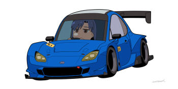  1girl artist_name blue_car blue_hair brown_eyes car chibi driving idolmaster idolmaster_(classic) jitome kayatsu_urotoma kisaragi_chihaya long_hair looking_ahead motor_vehicle simple_background solo subaru_(brand) subaru_brz white_background 