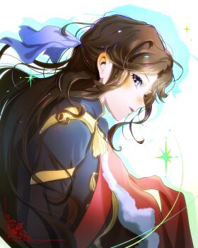  1girl arm_at_side black_jacket blush brown_hair commentary drop_shadow floating_hair from_side fur-trimmed_jacket fur_trim hair_ornament hair_ribbon half_updo highres jacket long_hair long_sleeves looking_at_viewer looking_to_the_side nose_blush parted_bangs parted_lips profile purple_eyes purple_ribbon red_jacket red_sash ribbon sanoon sash shoujo_kageki_revue_starlight shoulder_sash sidelocks sideways_glance simple_background solo sparkle symbol-only_commentary tassel tendou_maya upper_body very_long_hair white_background x_hair_ornament 