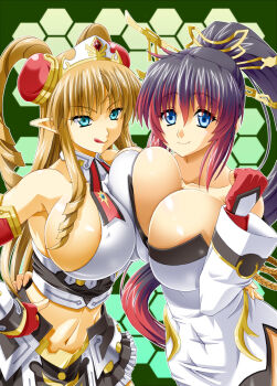  2girls :p aqua_eyes asymmetrical_docking blue_eyes breast_press breasts bursting_breasts covered_erect_nipples crown dress fingerless_gloves gloves gradient_hair hair_ornament hand_on_own_hip honeycomb_(pattern) honeycomb_background honeycomb_pattern huge_breasts izta kumashiro_izuta long_hair looking_at_viewer midriff multicolored_hair multiple_girls nanbu_kaguya naughty_face neige_hausen ponytail side_slit sideboob skirt tight_clothes tight_dress tongue tongue_out twintails white_dress  rating:Questionable score:35 user:railbreaker