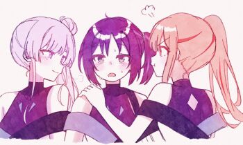  3girls bare_shoulders blonde_hair blush cho_kaguya-hime! closed_mouth confused green_eyes hair_bun hashtag-only_commentary highres jealous kaguya_(cho_kaguya-hime!) long_hair looking_at_another multiple_girls official_alternate_costume open_mouth pout profile puff_of_air purple_hair runami_yachiyo sakayori_iroha short_hair side_ponytail smile upper_body white_background yumi5469 yuri 