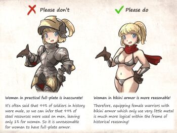  1girl armor bevor bikini_armor blonde_hair blue_eyes breasts couter cowboy_shot english_text gauntlets helmet ironlily looking_at_viewer looking_to_the_side medieval medium_breasts multiple_views open_mouth original pauldrons plate_armor ponytail red_scarf scarf short_hair shoulder_armor solo 