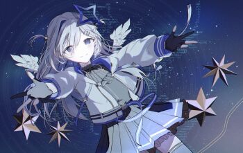  1girl amane_kanata amane_kanata_(work) angel angel_wings belted_jacket black_ribbon black_shirt black_skirt blue_eyes blue_hair blue_skirt blue_trim closed_mouth colored_inner_hair commentary_request feathered_wings flat_chest floating frilled_shirt_collar frilled_skirt frills glitch gloves gradient_clothes gradient_skirt grey_hair hair_ornament hairclip halo highres hololive jacket jewelry kumu39_(pixiv98385696) long_hair mini_wings multicolored_hair multicolored_jacket necklace official_alternate_costume official_alternate_hair_length official_alternate_hairstyle open_clothes open_hand open_jacket outstretched_arms parallel_hairclips partially_fingerless_gloves pleated_skirt ribbon shirt single_hair_intake skirt smile solo space star_(sky) star_(symbol) star_halo star_necklace strap thighhighs two-tone_jacket two_side_up virtual_youtuber white_jacket white_wings wings 