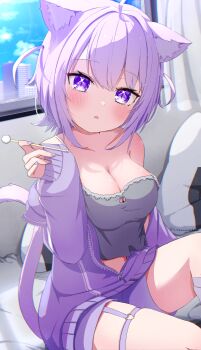  1girl absurdres ahoge animal_ears bare_shoulders blush breasts building cat_cutout cat_ears cat_girl cat_tail cleavage clothing_cutout collarbone commentary_request crop_top day fingernails groin highres hololive indoors jacket large_breasts looking_at_viewer medium_hair mimikaki nail_polish navel nekomata_okayu nekomata_okayu_(membership) no_bra official_alternate_costume open_clothes open_jacket partially_unzipped purple_eyes purple_hair purple_jacket purple_nails solo tail tarakore_sauce virtual_youtuber 