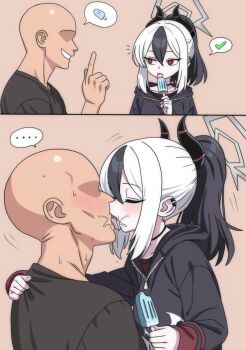  ... 1boy 1girl bald black_hair black_hoodie black_horns black_shirt blue_archive blush choker commentary demon_horns english_commentary faceless faceless_male facing_another food french_kiss halo highres hippo_power holding holding_food holding_popsicle hood hoodie horns kayoko_(blue_archive) kiss long_sleeves multicolored_hair notice_lines popsicle red_eyes shirt spoken_ellipsis spoken_food t-shirt tongue tongue_out two-tone_hair white_hair zipper 