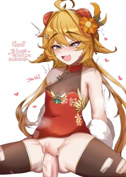  1boy 1girl absurdres ahoge alternate_costume animal_ears black_thighhighs blonde_hair blue_eyes china_dress chinese_clothes commentary covered_erect_nipples covered_navel dokibird dress english_commentary english_text erection highres indie_virtual_youtuber long_hair open_mouth penis simple_background smile solo_focus spread_legs thighhighs torn_clothes torn_thighhighs truubluu uncensored vaginal virtual_youtuber white_background 