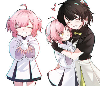  2girls adoptive_parent_and_adoptive_child aemeath_(wuthering_waves) aemeath_(young)_(wuthering_waves) aged_down ahoge black_hair black_jacket breasts chromatic_aberration closed_eyes commentary_request dress female_rover_(perpetual_spark)_(wuthering_waves) female_rover_(wuthering_waves) grin heart highres holding_snowman hug jacket korean_commentary looking_at_another medium_breasts mother_and_daughter multiple_girls one_eye_closed orange_eyes ot11_to pink_hair rover_(wuthering_waves) short_hair smile star-shaped_pupils star_(symbol) symbol-shaped_pupils white_dress wuthering_waves 
