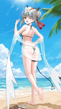  1girl ;d absurdres animal_ears ass azur_lane backboob beach bikini black_bikini black_hair blush breasts commission day earrings eyeshadow from_behind from_below front-tie_bikini_top front-tie_top full_body hand_on_own_hip hand_up happy highres jewelry legs looking_at_viewer looking_back looking_down makeup medium_breasts medium_hair multicolored_hair ocean one_eye_closed open_mouth orange_eyes outdoors palm_tree pixiv_commission ponytail qing_wu red_eyeshadow see-through_clothes side-tie_bikini_bottom small_breasts smile solo standing standing_on_one_leg star_(symbol) star_earrings streaked_hair suzutsuki_(azur_lane) suzutsuki_(beachside_attendant!)_(azur_lane) swimsuit thigh_strap thighs tree two-tone_hair v wet 