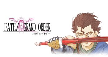  2boys brown_eyes brown_hair copyright_name diarmuid_ua_duibhne_(fate) diarmuid_ua_duibhne_(lancer)_(fate) diarmuid_ua_duibhne_(saber)_(fate) fate/grand_order fate_(series) final_fantasy final_fantasy_ii fingerless_gloves fionn_mac_cumhaill_(fate/grand_order) firion gloves hair_slicked_back ia_ia_qthulu logo_parody midorikawa_hikaru mole mole_under_eye multiple_boys salmon sword voice_actor_connection weapon white_background 