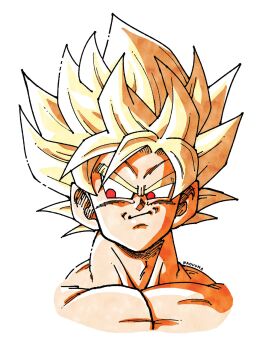  1boy blush dragon_ball dragonball_z highres male_focus medium_hair muscular muscular_male naouuma_art official_alternate_eye_color red_eyes simple_background solo son_goku spiked_hair super_saiyan super_saiyan_1 upper_body white_background 