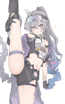  1girl belt black_gloves black_shirt black_shorts blush breasts closed_mouth clothes_writing coa_(35_seno) commentary_request cowboy_shot crop_top cropped_shirt drill_hair drill_ponytail eyewear_on_head flexible gauntlets gloves goggles gradient-tinted_eyewear gradient_hair grey_eyes grey_hair hair_between_eyes highres holding_own_leg honkai:_star_rail honkai_(series) jacket kneepits leg_lift leg_up long_hair looking_at_viewer mechanical_tail midriff multicolored_hair navel off_shoulder official_alternate_costume open_clothes open_jacket ponytail purple-tinted_eyewear purple_jacket shirt short_shorts shorts sidelocks silver_wolf_(elation)_(honkai:_star_rail) silver_wolf_(honkai:_star_rail) simple_background single_drill single_gauntlet single_mechanical_glove small_breasts solo split standing standing_on_one_leg standing_split tail thigh_strap tinted_eyewear very_long_hair white_background white_shirt 